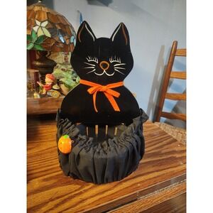 Vintage 1970s Halloween Black‎ Cat Candy Basket, Wood & Fabric, Rare Halloween